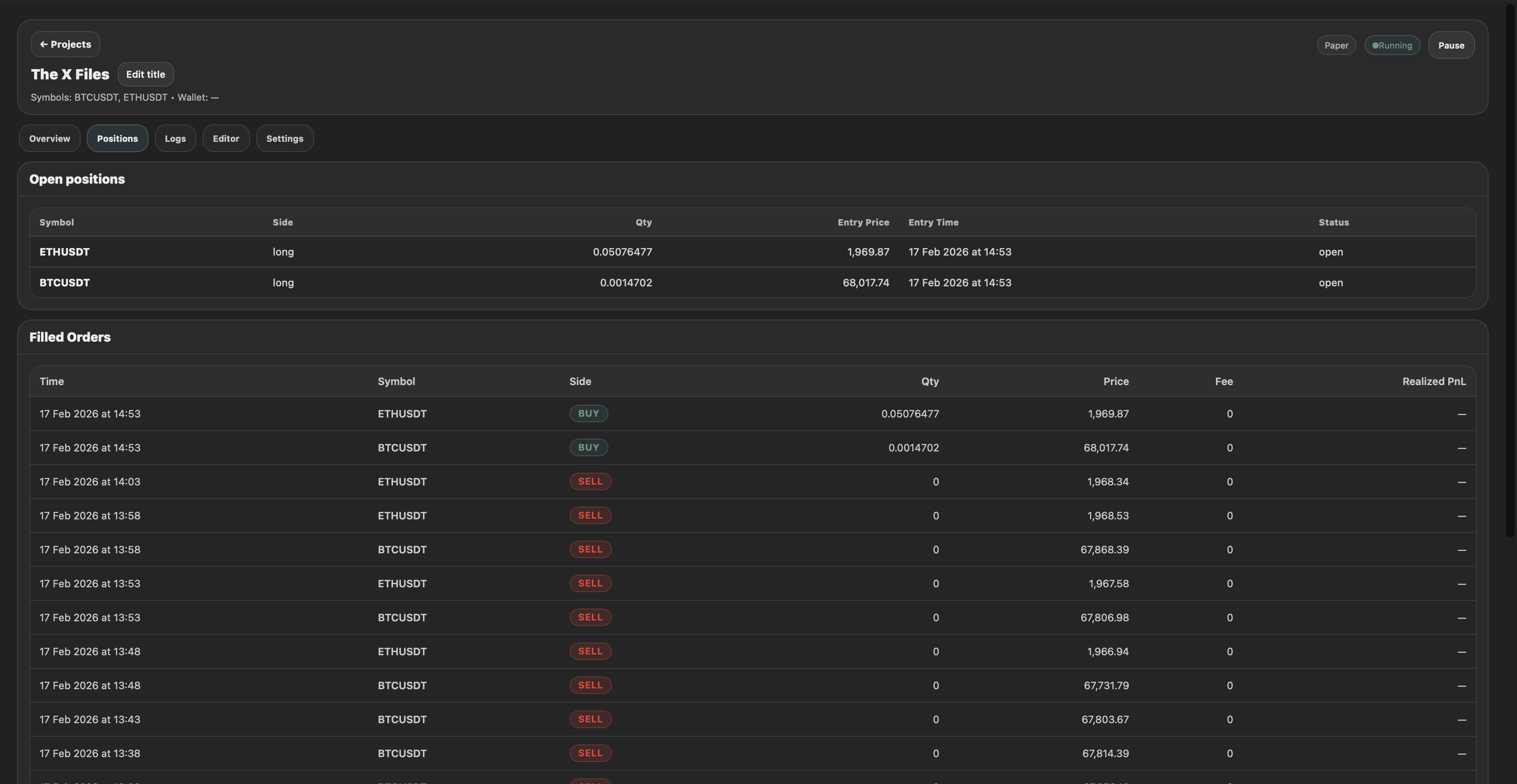 Positions and filled orders screenshot